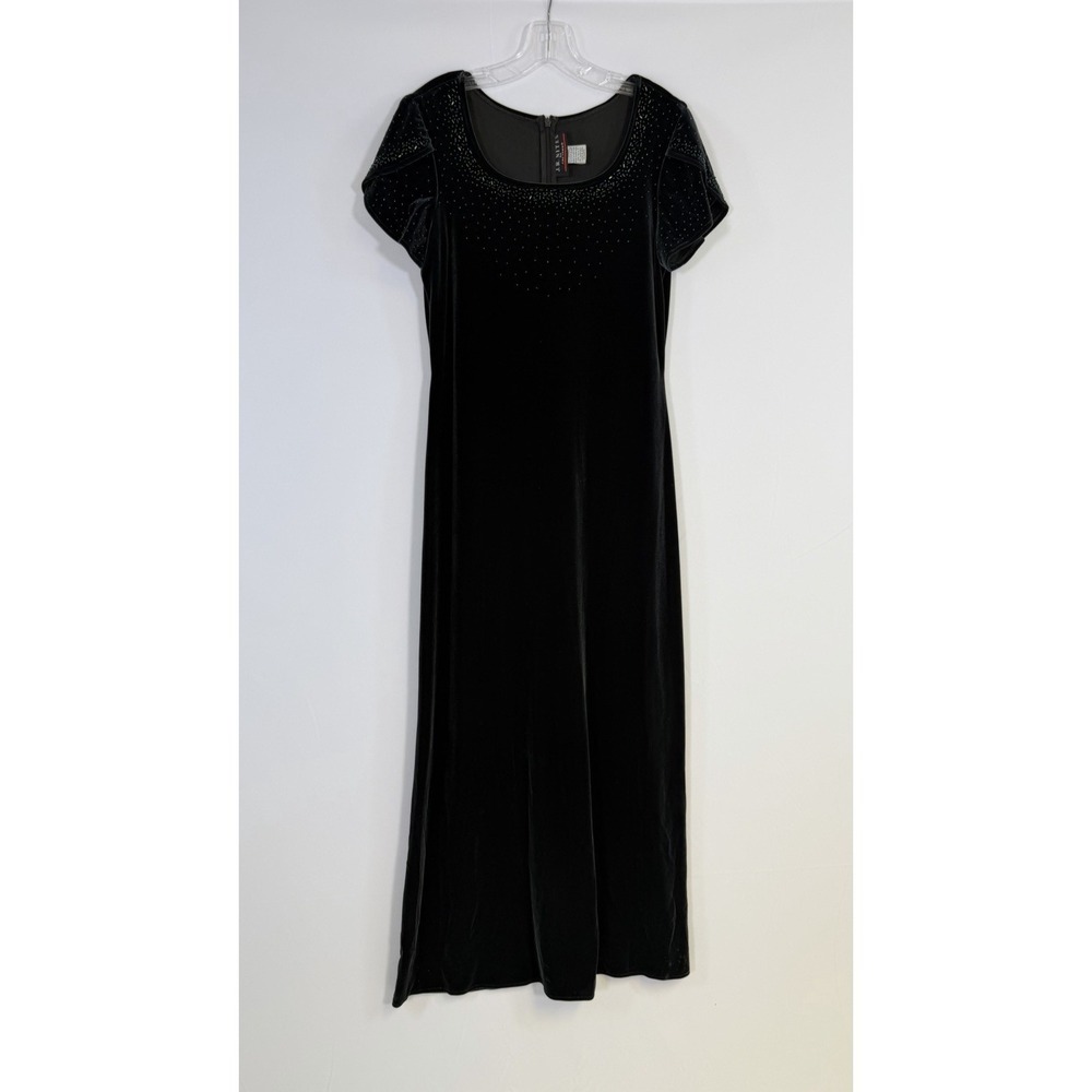 JR Nites Caliendo Velvet Beaded Maxi Dress Sz 8 Formal Vtg 90s Dark Green Goth